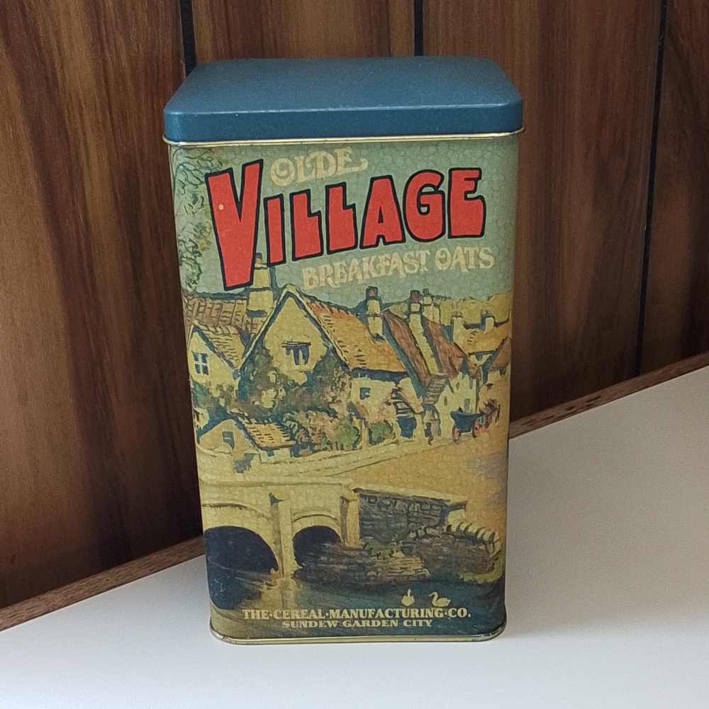 Vintage Olde Village Breakfast Oats Tin Picturesque Village 7 in x 4 in x 3 in